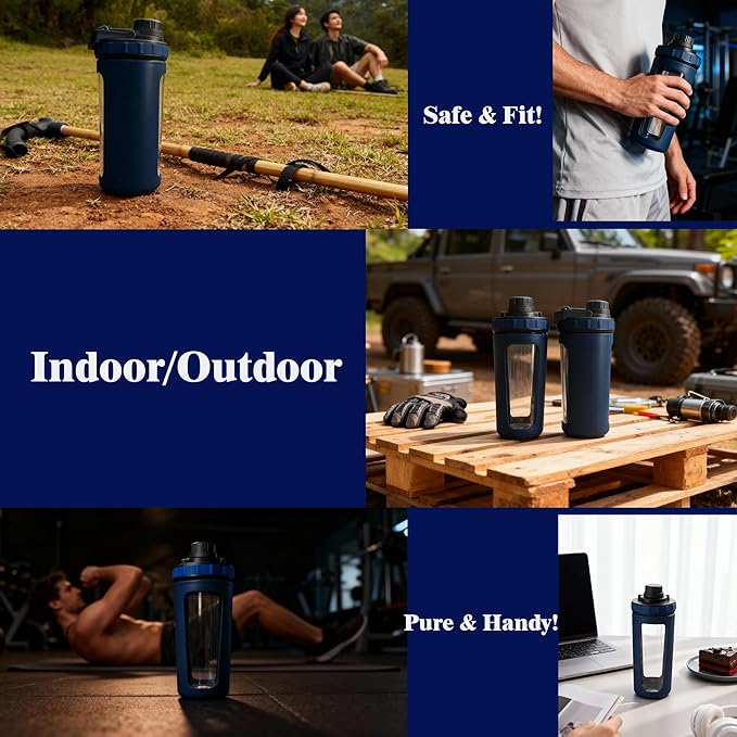Glass Shaker Cup Odorless BPA Free– Glass Shaker Bottle for Protein 26oz Durable Borosilicate Glass, Leak-Proof & BPA-Free – Ideal for Creamy Protein Shakes, Smoothies & Workout Drinks(Navy Blue)
