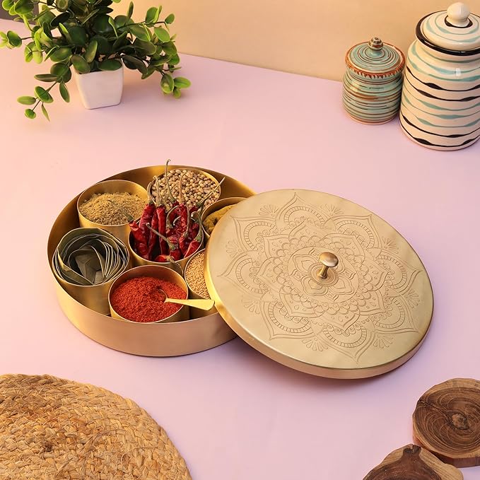 Brass Round Spice Box Masala Dabba-Spice Box Set With Spoon Container 90 ML Indian Masaladanni for Kitchen Counter With Spoon (Floral, 9 Inch (Large Family))