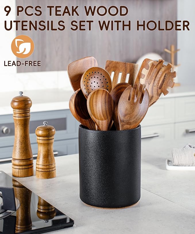 Nucookery Wooden Cooking Utensils Set with Holder, Teak Wood Utensils, Ceramic Holder for Countertop with Protection Cork Bottom, Nonstick Spoons, Spatula Set, 10 Pcs Kitchen Decor, (Stone Black)
