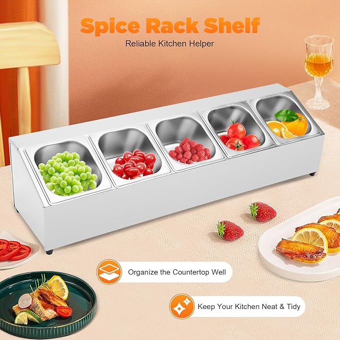 5 Pan Spice Rack Shelf, Stainless Steel Seasoning Organizer with 5 1.5L Food Containers and Lids, Pizza Topping Station Organizer Inclined for Restaurants, Hot Pot and Fruit Shops, 33.86x8.86x8.66in