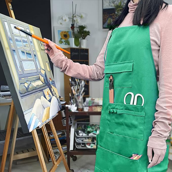 boshiho Painting Aprons, Adjustable Buckle, Barber Apron with Pockets for Women/Men/Unisex, Utility or Work Apron (Green)