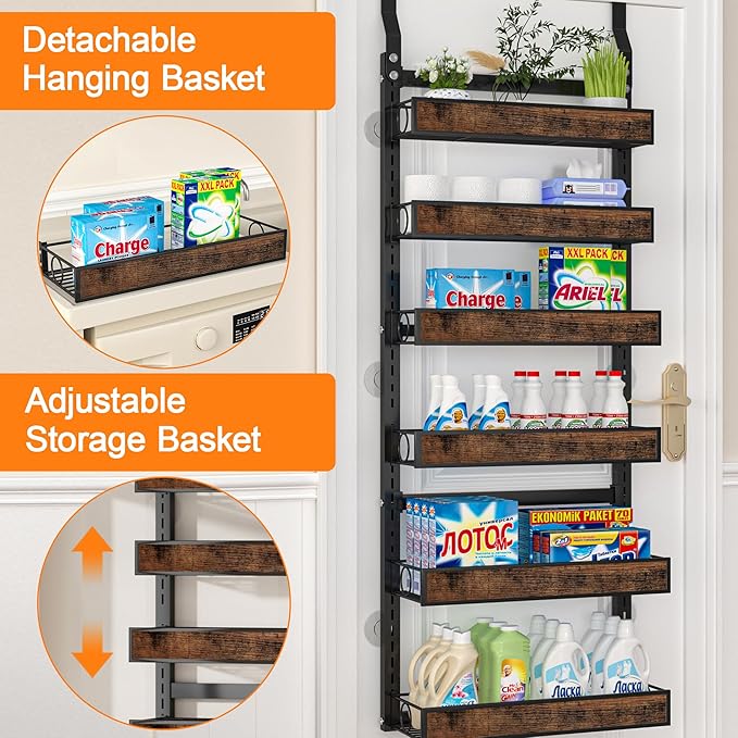 Over The Door Pantry Orangizer,6 Tier Wall Mounted or Hanging Spice Rack with Adjustable Wood Basket,Metal Heavy Duty Behind Door Storage Shelf for for Kitchen Pantry and Bathroom