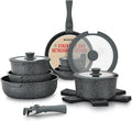 Pots & Pans Set Non Stick Ceramic-Granite – 15-Piece Cookware with Detachable Handles, Stackable Space-Saving, Dishwasher Safe, Oven & All-Stove Safe, Tempered Glass Lids, Black Granite