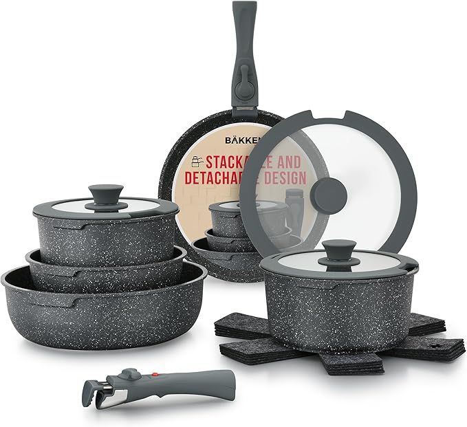 Pots & Pans Set Non Stick Ceramic-Granite – 15-Piece Cookware with Detachable Handles, Stackable Space-Saving, Dishwasher Safe, Oven & All-Stove Safe, Tempered Glass Lids, Black Granite
