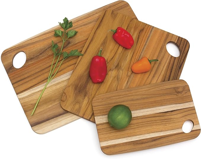 Lipper International Teak Wood Cutting Boards with Oval Holes in Corners, Assorted Sizes, Set of 3