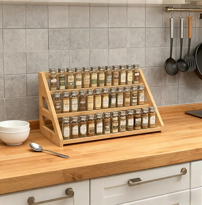 Bamboo Spice Rack: Large Spice Shelf for Kitchen Countertop Pantry Cabinet Organizer, Holds 24 Spice Jars (1.8")