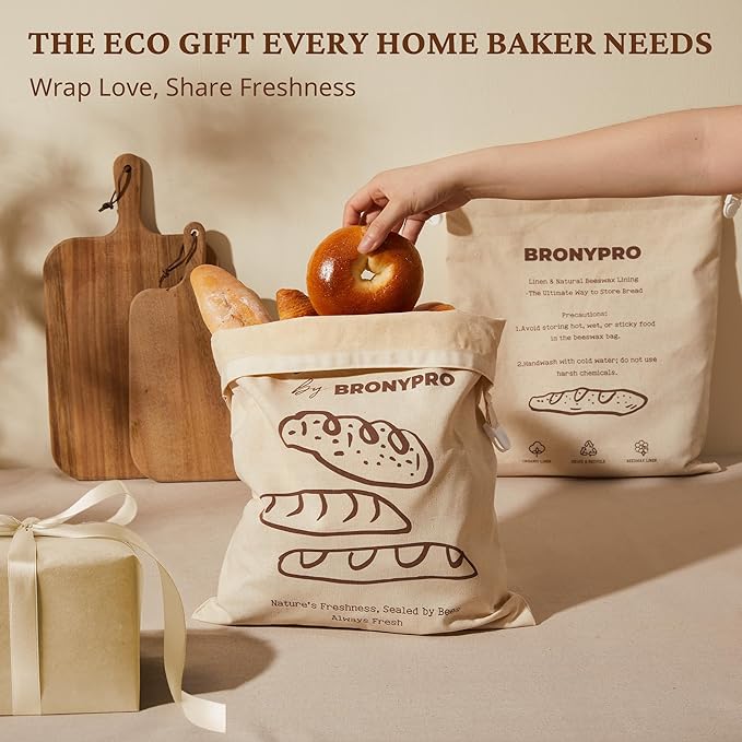 BRONYPRO Beeswax Linen Bread Bags for Sourdough,2 Pack Reusable Waxed Bags for Homemade Bread, Eco-friendly Fresh Sourdough Storage for Gifting, XL Capacity (17x13.5 In, Beige