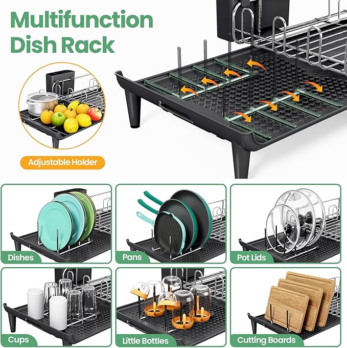 TOOLF Dish Drying Rack - Large Expandable Dish Rack for Kitchen Counter, Stainless Steel Dish Drainer for Kitchen Organization with Cutlery ＆ Cup Holder, Black