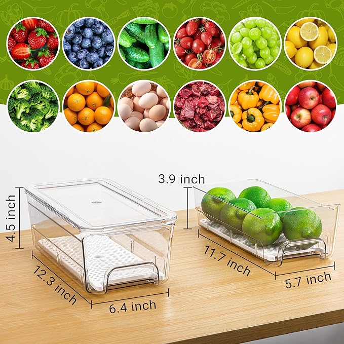 Imncya 4 Pack Fridge Organizer Drawers Bins, Clear Stackable Pull Out Refrigerator Drawer Organizer, Fridge Storage Container with Lids for Fruits, Vegetables, Drinks and Food