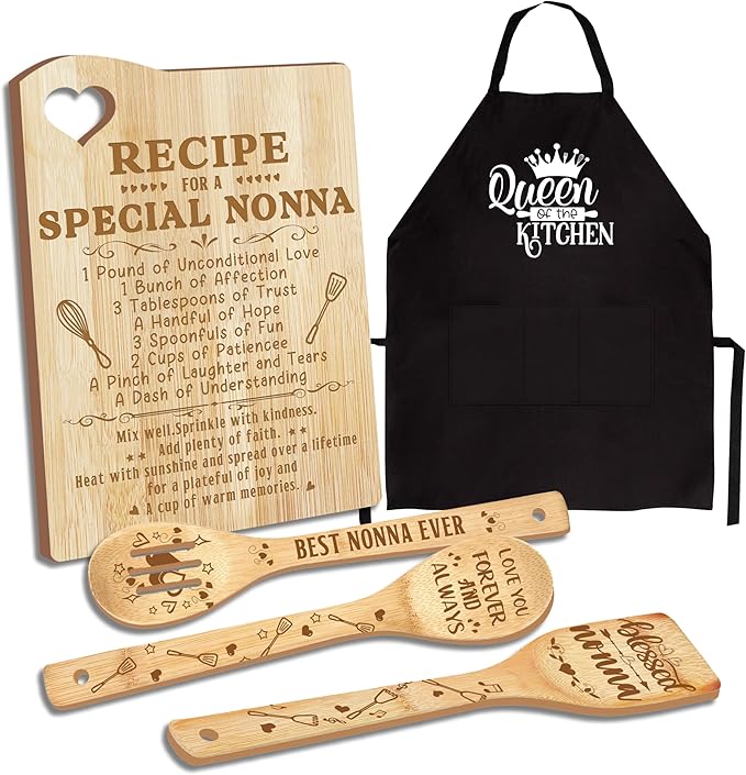 Christmas Nonna Gifts, Gifts for Nonna for Grandma Wooden Cutting Board with Cooking Utensils Set with Apron from Grandkids Kitchen Set
