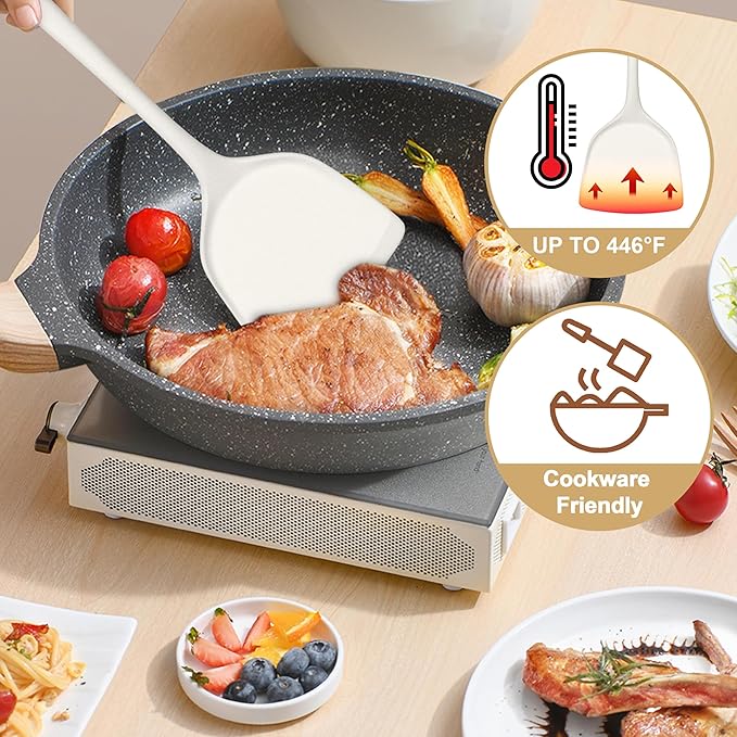 TeamFar Silicone Cooking Utensils Set, 5-Piece Heat Resistant Kitchen Utensils Set, Nonstick Slotted Solid Spoon Turner Pasta Server for Frying, Serving, Mixing, Non-Toxic & Dishwasher Safe, White