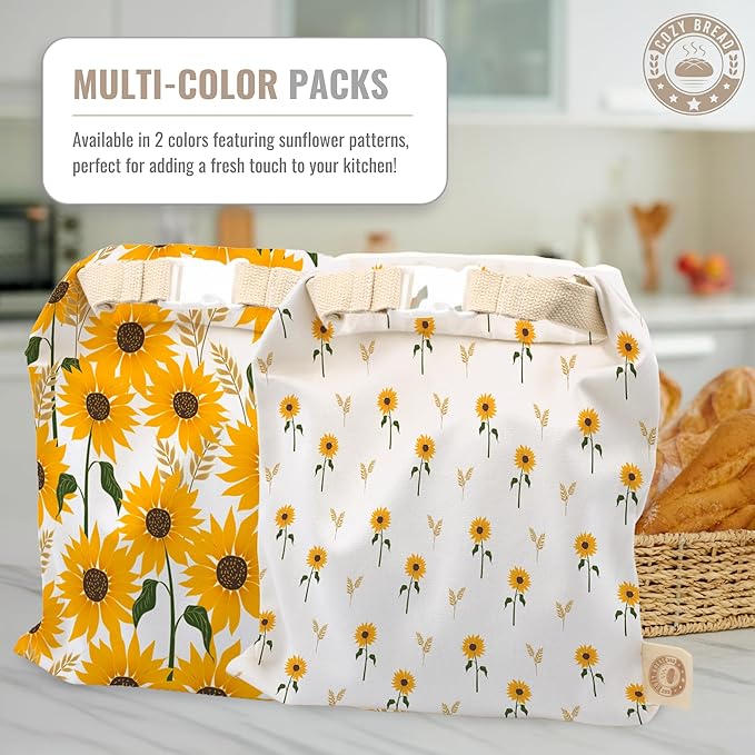 Cozy Bread® Reusable Bread Bag Set for Home Bakers | USA Brand | Charming Designs (Sunflower)