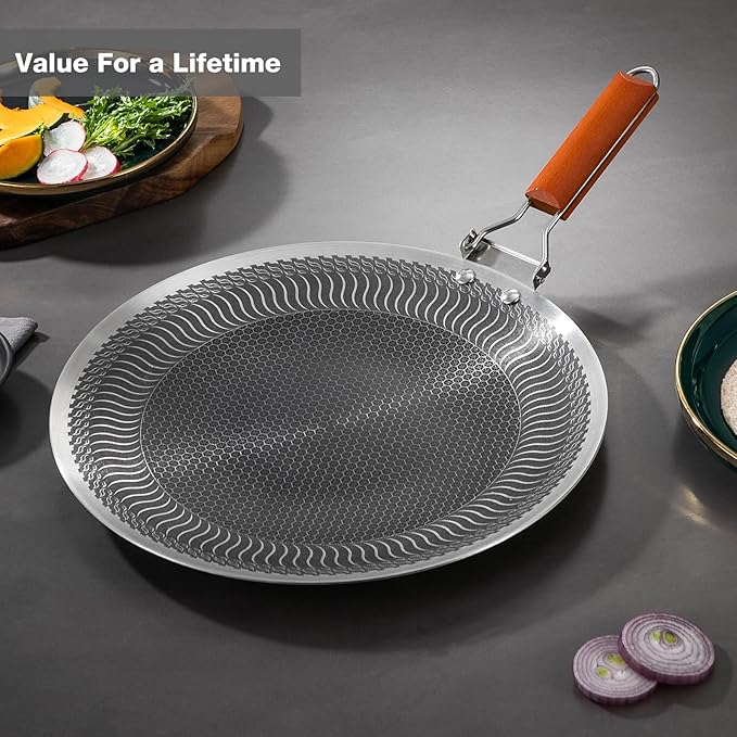 DELARLO Tri-Ply Stainless Steel Nonstick Crepe Pan,Round Griddle Pan,14 Inch Para Tortillas Pancake Pan with Stay-Cool Handle,18/10 Large Cooking Surface