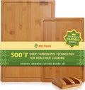 Vietnam Carbonized Bamboo Cutting Board Set of 2 with Holder, Non Toxic Reversible Boards with Juice Groove, Smooth Finish and Non Slip Feet, Handmade in Vietnam for Prep and Charcuterie