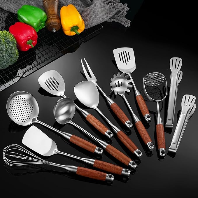 Kitchen Utensils Set Stainless Steel with Wooden Handle,Metal Cooking Utensils Set 12 PCS,Spatulas,Ladle,Skimmer,Tunners,Spaghetti Spoon,Fork,Potato Masher,Egg Whisk,Tongs