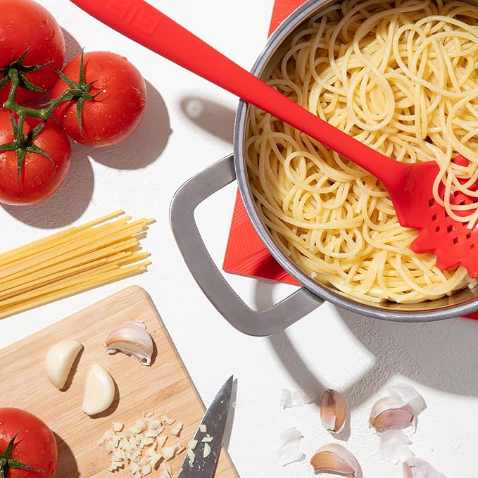 GIR: Get It Right Premium Silicone Spaghetti Spoon - Non-Stick Heat Resistant Silicone Pasta Fork - Perfect for Cooking, Strainer, and Serving - 13 IN, Red