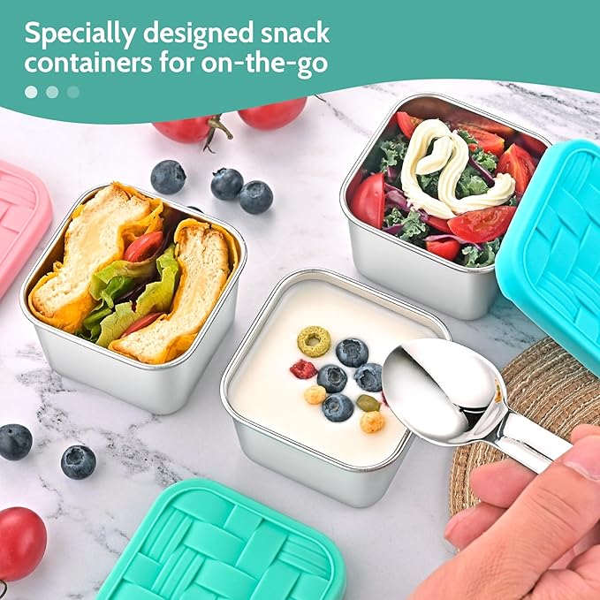 8PC 6oz Stainless Steel Snack Containers with lids, BPA-Free Metal Kids Snack Cups with Fork and Spoon, Leakproof Lunch Box Containers，Resuable Baby Food Storage Bowl