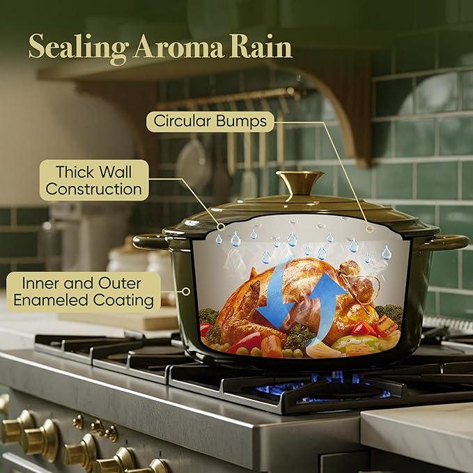 4.5 Quart Dutch Oven Pot with Lid, Non Stick Enameled Cast Iron Dutch Oven for Bread Baking, Heavy-Duty, Oven Safe Ceramic Cookware Up to 500°F for Baking, Braising, Stews, Roasting, Golden Green