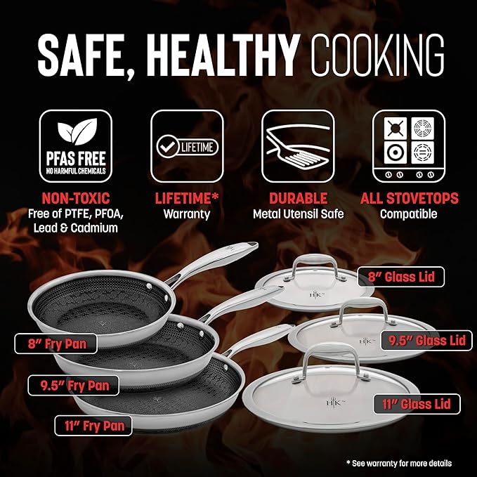 Hell's Kitchen Hybrid Fry Pan, Tri-Clad Stainless and Nonstick Ceramic PFAS Free, no PFOA, no PTFE, no Teflon, Non Toxic Cookware, Metal Utensil Safe, All Cooktops, Oven Safe (6 Piece Set with Lids)