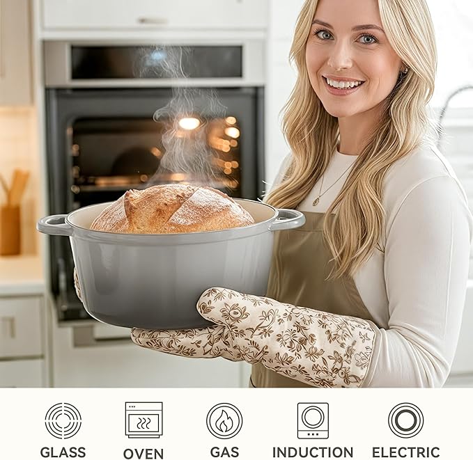 6 Quart Dutch Oven Pot with Lid, Non Stick Enameled Cast Iron Dutch Oven for Bread Baking, Heavy-Duty, Oven Safe Ceramic Cookware Up to 500°F for Baking, Braising, Stews, Roasting, Gray