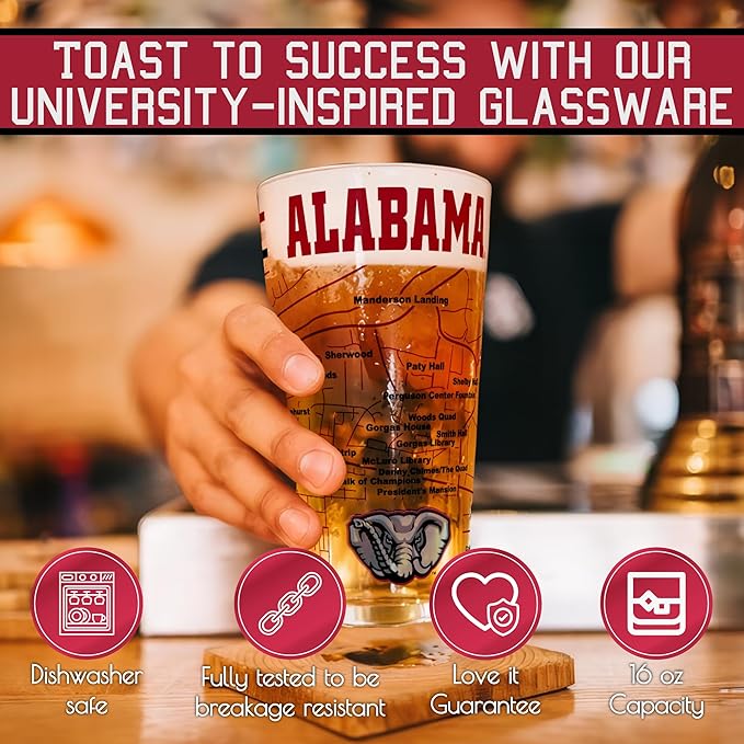 Greenline Goods – University of Alabama Crimson Tide College Pint Beer Glasses (Set of 2), 16 oz – Full-Color Logo + Campus Map