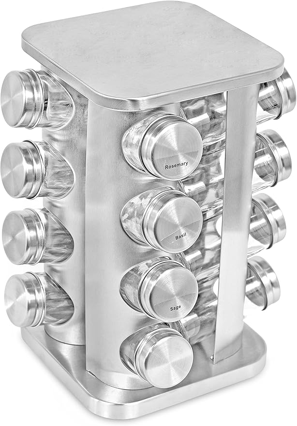 INTERNET'S BEST Revolving Spice Rack - Seasoning Storage with 16 Jars - Modern Stainless Steel Spinning Tower for Kitchen Countertop - Rotating Spice and Pantry Holder with Pre-Printed Labels - Sqaure