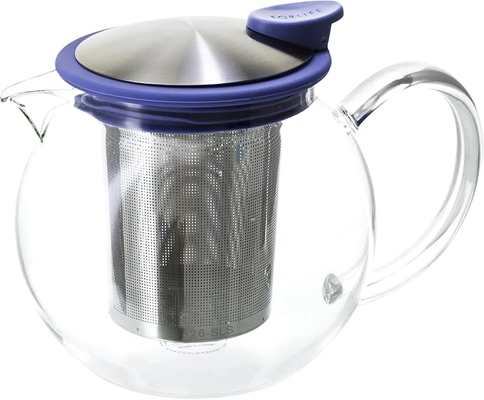FORLIFE Bola Glass Teapot with Basket Infuser, 25oz./750ml., Marine