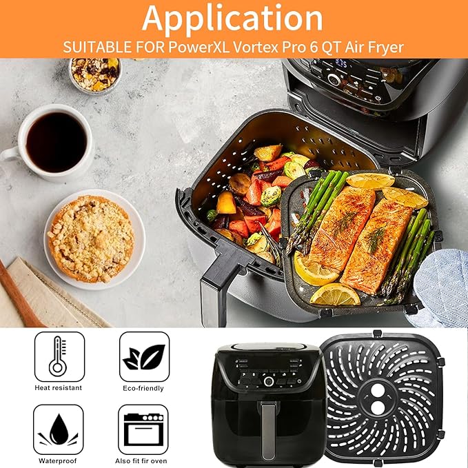 Air Fryer Grill Pan for PowerXL Vortex Pro 6 QT Air Fryer, Oval Nonstick 8.67''*8.67''Air Fryer Accessories Replacement Parts Rack Tray Basket Crisper Plate with Rubber Bumpers,Dishwasher Safe