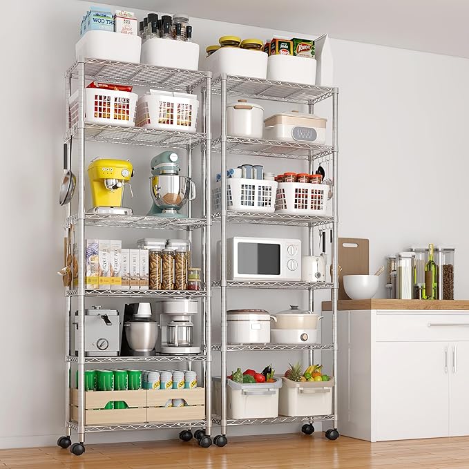 Karl home 6-Tier Storage Shelving with 1.5" Wheels,Adjustable NSF Metal Shelves Wire Storage Rack for Garage Kitchen Basement,1020LBS Capacity 72.83" H X 23.6" W X 13.78" D,Stainless S Hooks,Silver