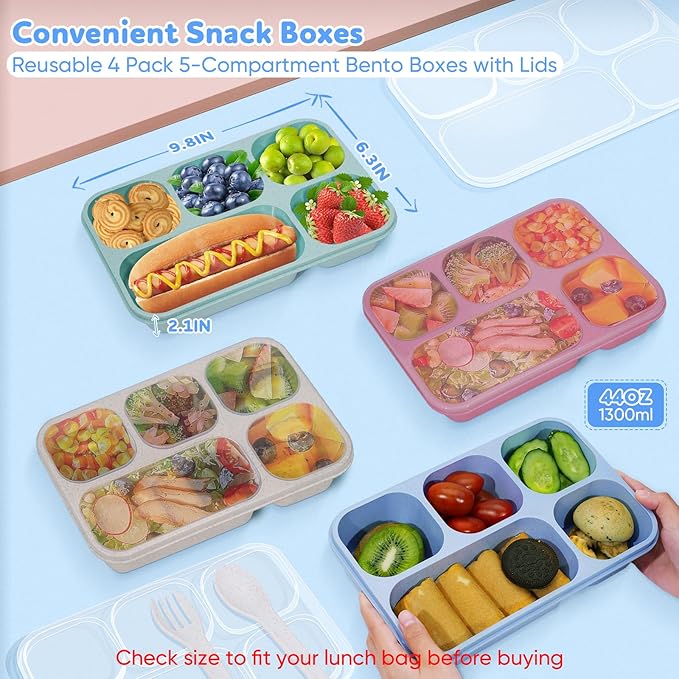 Bento Box Adult Lunch Box 4 Pack, 5 Compartment Snack Containers with Lids, Divided Food Storage Containers, Reusable Meal Kids Bento Lunch Boxes for School Home Travel