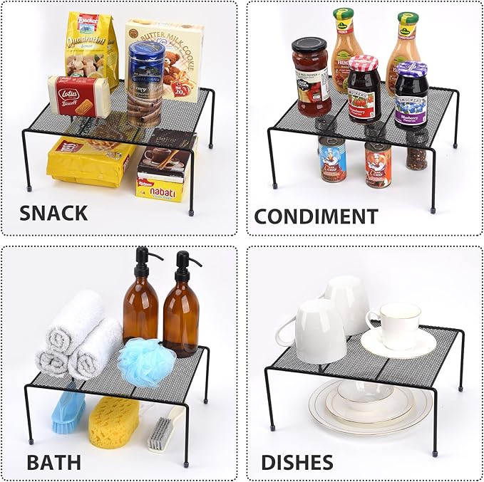 Set of 2 Mesh Kitchen Shelves Cabinet Storage Shelf Rack (13.1 x 10.2 Inch) ，Kitchen Bathroom Pantry Cupboard Desk Home Office, Fridge, Cabinet, Bathroom Cupboard, Non-slip Plastic Feet (2, Black)
