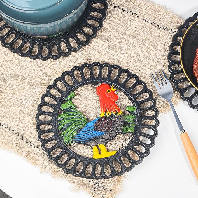 Sungmor Heavy Duty Cast Iron Trivet,Decorative Painting Trivet for Kitchen or Dinning Table,7.5x7.5 Inch - Round with Vintage Lovely Cock Pattern