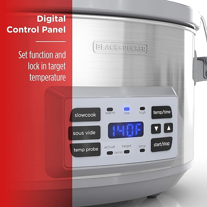 BLACK+DECKER 7-Quart Digital Slow Cooker, SCD7007SSD, Temperature Probe, Sous-Vide, Locking Lid, Removable Stoneware Crock