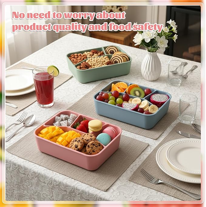 4 Pcs Silicone Bento Box Reusable Lunch Container, 4 Compartment, Food Grade Smooth Leak Proof Lunch Box Rectangle Bento Boxes, Microwave and Dishwasher Safe, for Adult Work Travel Food Storage