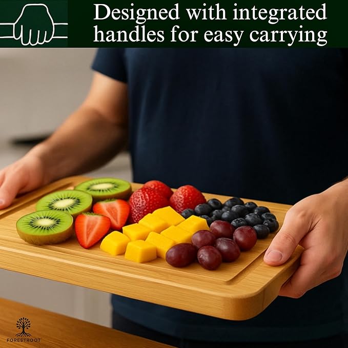 Bamboo Cutting Board Set – 3-Piece Wooden Kitchen Boards for Meal Prep & Serving – Durable Bamboo with Deep Juice Groove & Side Handles – Great for Meat, Vegetables & Charcuterie