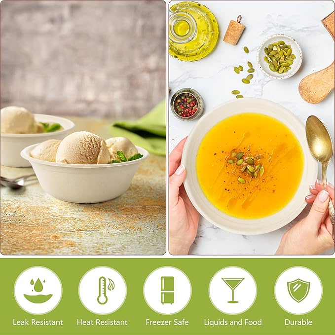 Green Swan Disposable Paper Bowls, 40 Oz [50 Pack] Large Bowl-100% Compostable, Biodegradable, Eco-Friendly Natural Colour Bowls - Convenient for Daily Use for Salad, Hot Soup, and Pasta