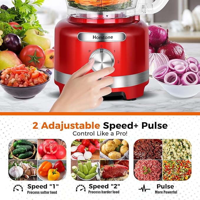 Homtone 16 Cup Food Processor, 9 Functions 7 Blades 3 Speeds for Shredding, Slicing, Doughing, Emulsfying and Meat Vegetable Chopping for Home Use, 600W (Red)