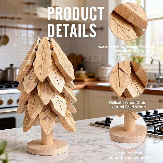 Wooden Trivets for Hot Dishes, 5Pcs Moso Bamboo Christmas Tree Coaster Set with Storage Stand for Pots, Pans & Plates