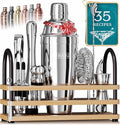 BARE BARREL® Mixology Bartender Kit Bar Set | 14-Piece Cocktail Shaker Set | Martini Barware Mixing Tools for Home Bartending | 35 Recipe Cards | Gift Set (24oz Cobbler Shaker, Silver/Natural)