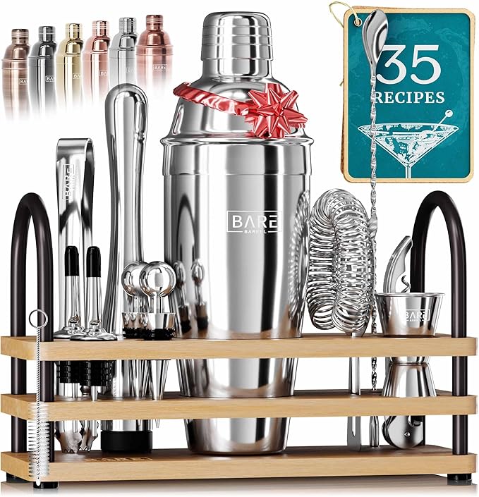 BARE BARREL® Mixology Bartender Kit Bar Set | 14-Piece Cocktail Shaker Set | Martini Barware Mixing Tools for Home Bartending | 35 Recipe Cards | Gift Set (24oz Cobbler Shaker, Silver/Natural)