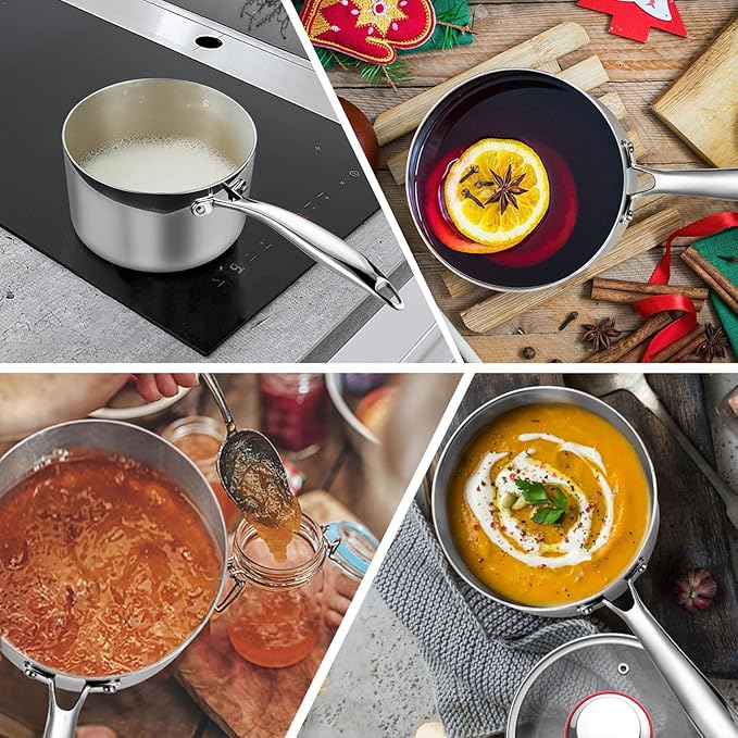 P&P CHEF 1 & 2 Quarts Tri-Ply Stockpot and Saucepan, Stainless Steel Sauce Pan with Lid, Cooking Induction Pot, Kitchen Cookware for All Stoves, Non-Toxic, Durable & Dishwasher Safe, 2 Pieces