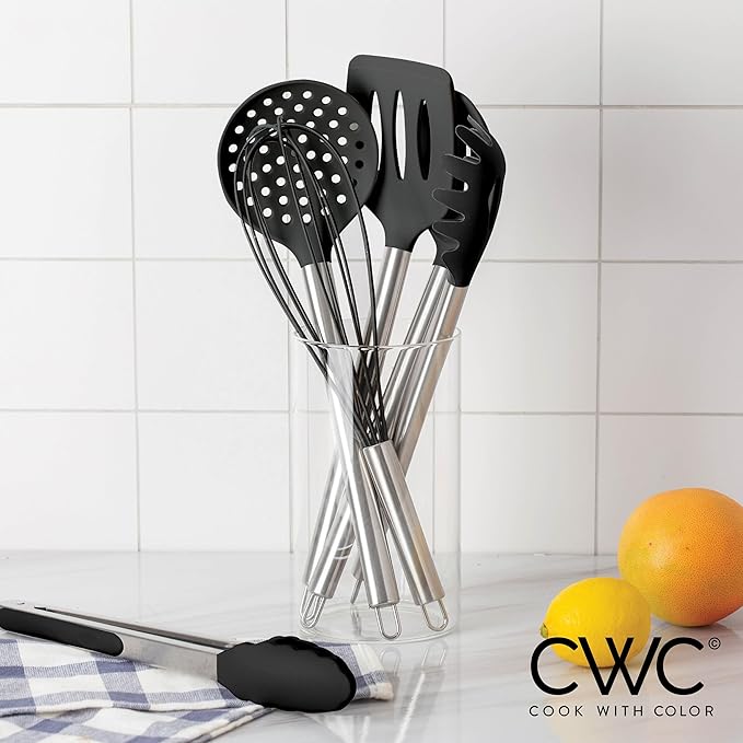 COOK WITH COLOR Silicone Cooking Utensils, Kitchen Utensil Set, Easy to Clean Silicone Kitchen Utensils, Cooking Utensils for Nonstick Cookware, Kitchen Gadgets Set, 10 Pieces, Black