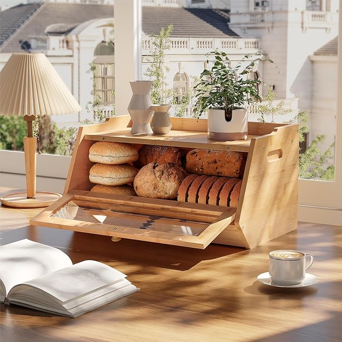 HOOBRO Large Bread Box, Bamboo Bread Box for Kitchen Countertop, Farmhouse Bread Storage Box with Acrylic Window, Bread Holder with Drop-Down Door, for Food Storage, Natural YL30MB01