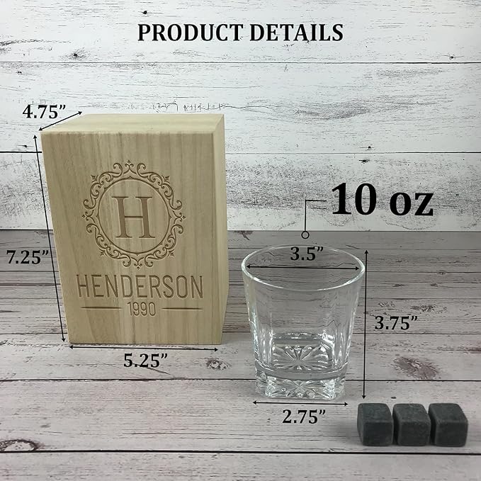 Personalized Whiskey Gifts - 11 oz Engraved Bourbon Glass Present - Custom Whiskey Glass in Wooden Box (Anniversary Design)
