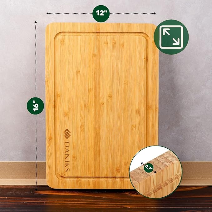 Daniks Bamboo Cutting Board Set of 2 with Juice Groove, XL 16x12 & L 13x9 in – Cutting Boards for Kitchen, Meal Prep, Serving & Charcuterie, Heavy‑Duty