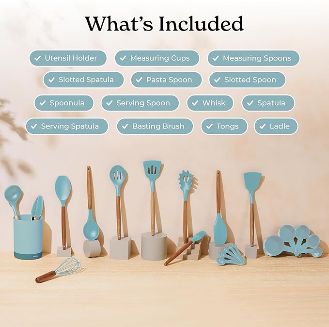 Silicone Kitchen Utensils Set & Holder: Cooking Utensils Set - Kitchen Essentials for New Home & 1st Apartment- Silicone Spatula Set, Cooking Spoons for Nonstick Cookware (Acacia Wood, Blue)