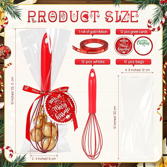 12 Set 10 Inch Christmas Whisks Gifts DIY Fillable Red Baking Supplies Christmas Tree Ornaments Xmas Colored Silicone Whisks with Cards Cooking Heat Resistant Egg Beaters Kitchen Favors