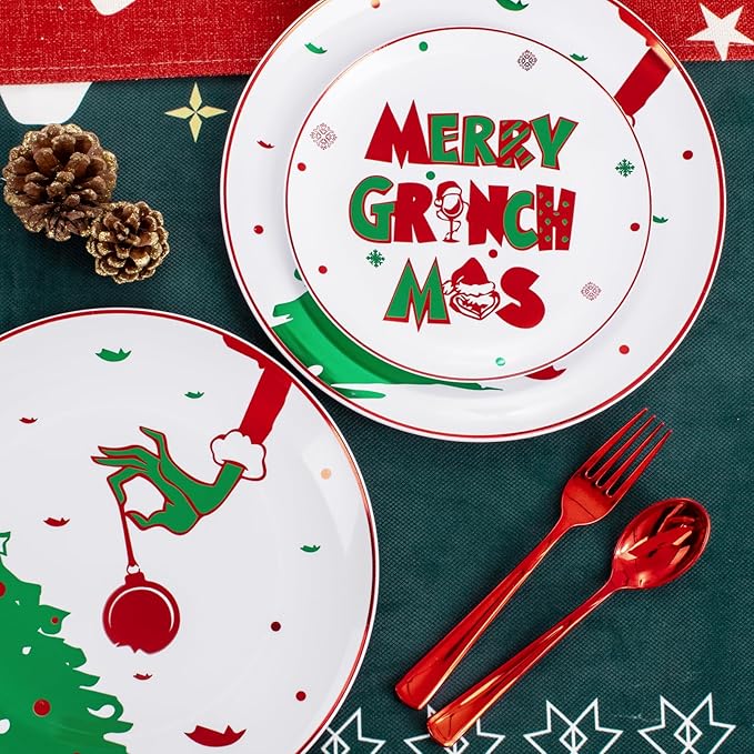 WELLIFE 60pcs Christmas Plates-30 Plastic Green Monster Dinner Plates and 30 Green Monster Dessert Plates,Red and green Plastic Plates with Christmas Tree Patterns