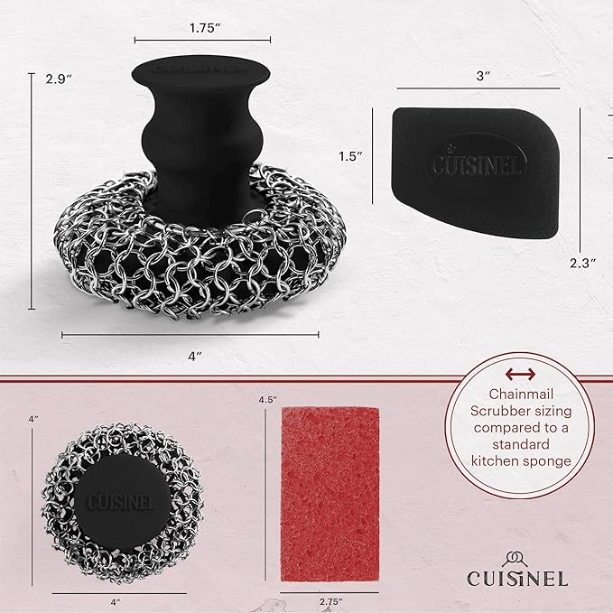 Cuisinel CAST IRON CHAINMAIL SCRUBBER AND PAN SCRAPER - DELUXE ERGONOMIC STAINLES