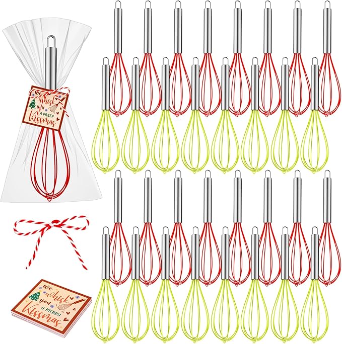 24 Sets 10 Inch Christmas Whisks Supplies Gifts Sets, Includes Silicone Whisks, Greeting Cards, Ribbons, Plastic Bags DIY Fillable Christmas Tree Ornaments for Xmas Cooking Supplies Gift